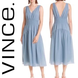 VINCE Blue Gauze Tencel Smocked V-neck Midi Dress w POCKETS! Pastel Summer Flowy